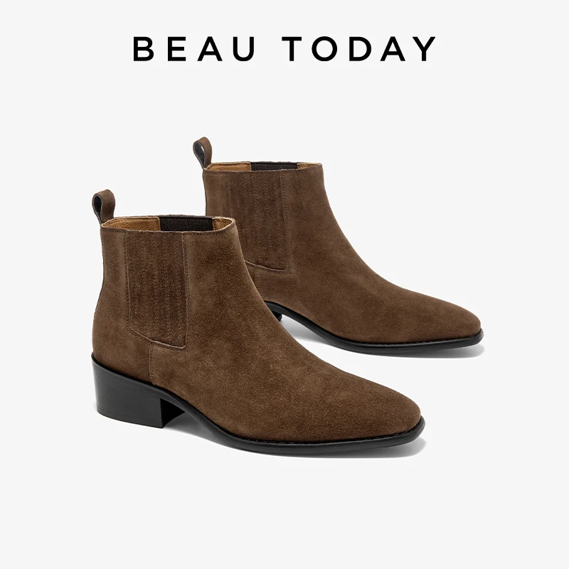 BEAUTODAY Ankle Boots Women Calfskin Suede Leather Solid Color Square Toe Slip-on Vintage Ladies Shoes Handmade 03D67