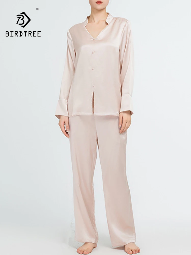 Birdtree, 19MM 100%Real Silk Pajamas Sets, Women Long Sleeve Solid, Elegant 2024 Summer Autumn New Sleepwear Pyjamas S479122QC