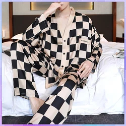 Conjunto de pijama de seda de hielo para hombre, ropa de dormir ligera de alta calidad, cárdigan de manga larga, ropa de casa de lujo, primavera y otoño