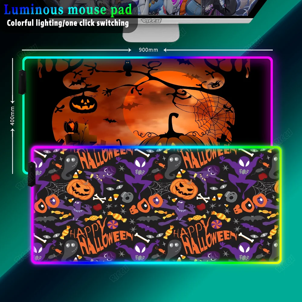 Halloween Pumpkin Rubber Gaming Desk Mat RGB Anime Gaming LED Lighting Mouse pad Large Carpet Large Keyboard computer Mouse pad