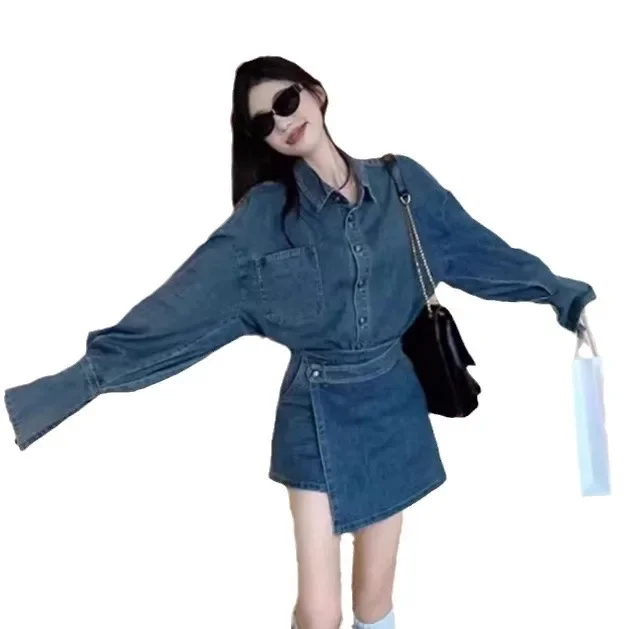 سلسلة الملح أوائل الخريف المرأة الجينز معطف قطعتين مجموعة القطن الدنيم الركبة طول تنورة خمر هونغ كونغ نمط ضوء Maturity #5