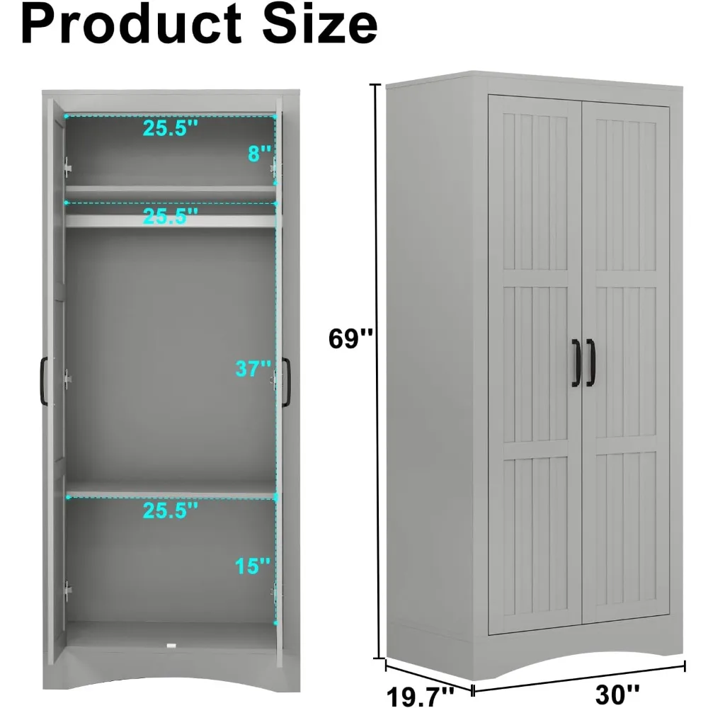 Wardrobe, Modern Freestanding Armoire Closet with Shelve and Metal Hanging Rod, Wood Bedroom Guestroom