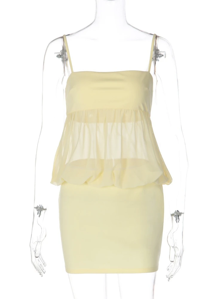 SsTss المرأة الحلو الأصفر بروتيل فستان جديد الصيف موضة بلا أكمام بقماش شفاف المرقعة الجوف خارج سليم فستان بكتافة صغيرة