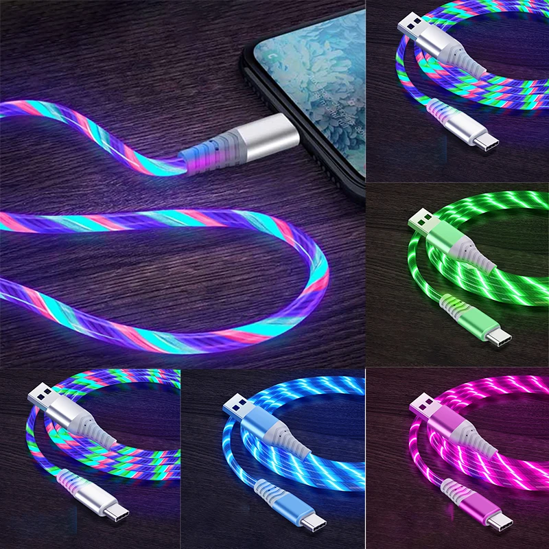 Glowing Cable LED Micro USB Type C Cable 3A Fast Charging for iPhone Samsung Xiaomi OPPO Huawei Flowing Streamer USB C Cord 2M