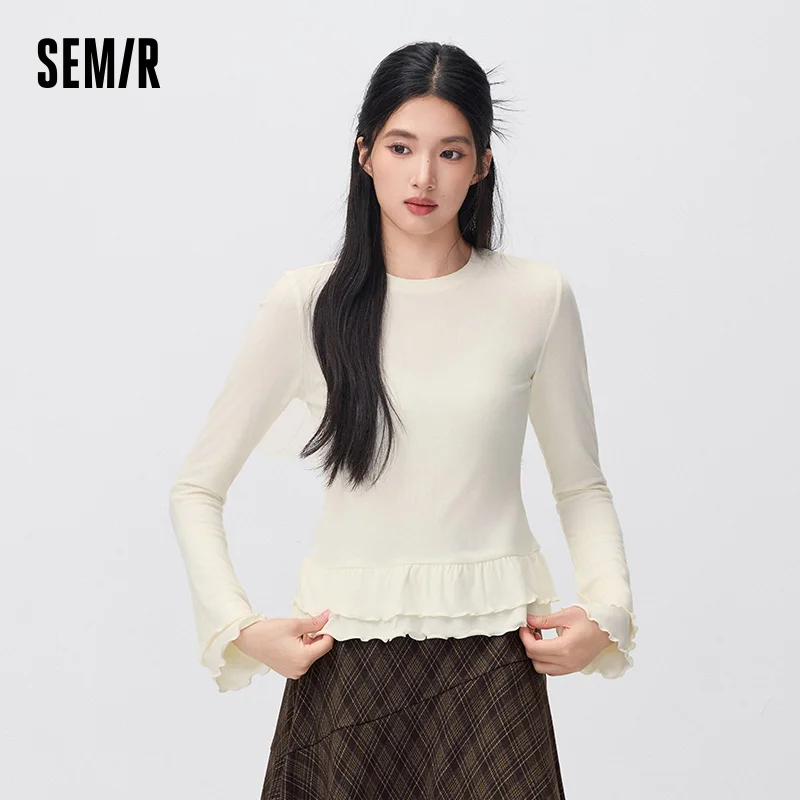 Semir Women Knit Tshirt Brushed Fleece Ruffle Detail Slim Fit 2026 New Winter Daily Wear Urban Casual Style Everyday Wardrobe