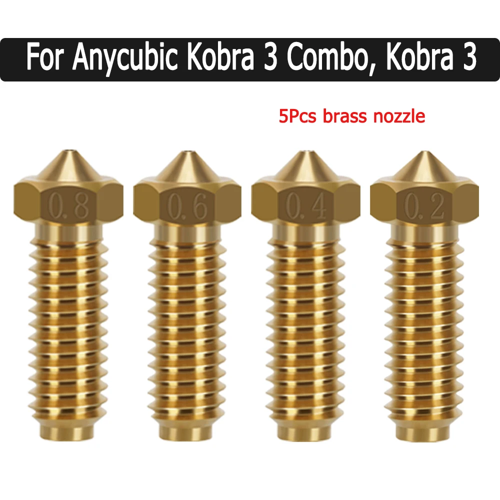5Pcs Brass Nozzles for Anycubic Kobra 3, 3Combo 3D Printer Hotend Accessories 0.2/0.4/0.6/0.8/1.0mm Kobra 3 Combo Brass Nozzle
