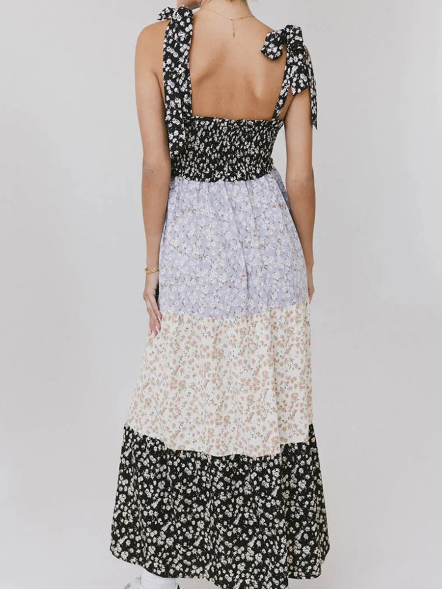 Nova moda feminina floral gravata ombro vestido com decote em v sem mangas aberto volta em camadas plissado vestido longo para festa diária viagem S-XL