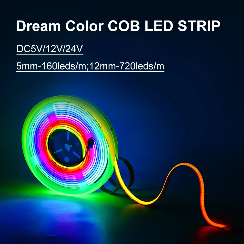 Dream Color COB LED Strip, Fita de Luz FCOB Flexível para Decoração, Fita Endereçável, 720LEDs, Alta Densidade, 5mm, 12V, 24V, WS2812B, WS2812B