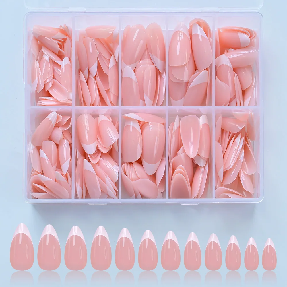 240 قطعة الفرنسية الوردي الأبيض اللوز الأظافر كاذبة نصائح متوسطة طول لامعة عارية اللوز غطاء كامل اضغط على مسمار DIY تصميم صالون الأظافر