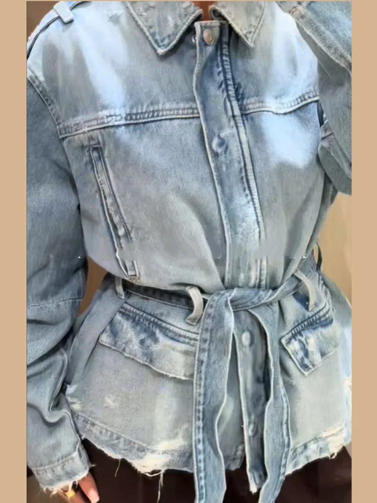 

female casual cowboy coat full Sleeve lapel single-breasted pocket with belt Outwear 2025 New autumn Lady Daily commute coats