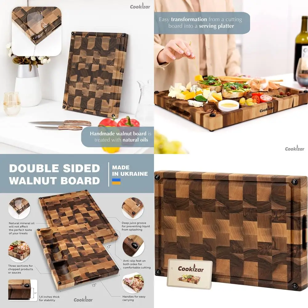 

End Grain Walnut Kitchen Chopping Board - Wooden Meat Cutting Block with Juice Groove, EBC