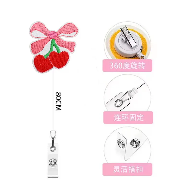 New Cute Embroidery Pink Bowknot Badge Reel Retractable ID Badge Holder With 360 Rotating Alligator Clip Name Holder