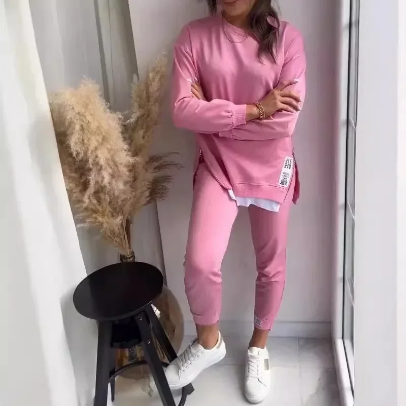 

Осенние однотонные спортивные спортивные костюмы, комплекты брюк, женская футболка с длинным рукавом, узкие брюки, комплект из двух предметов, женский повседневный спортивный костюм