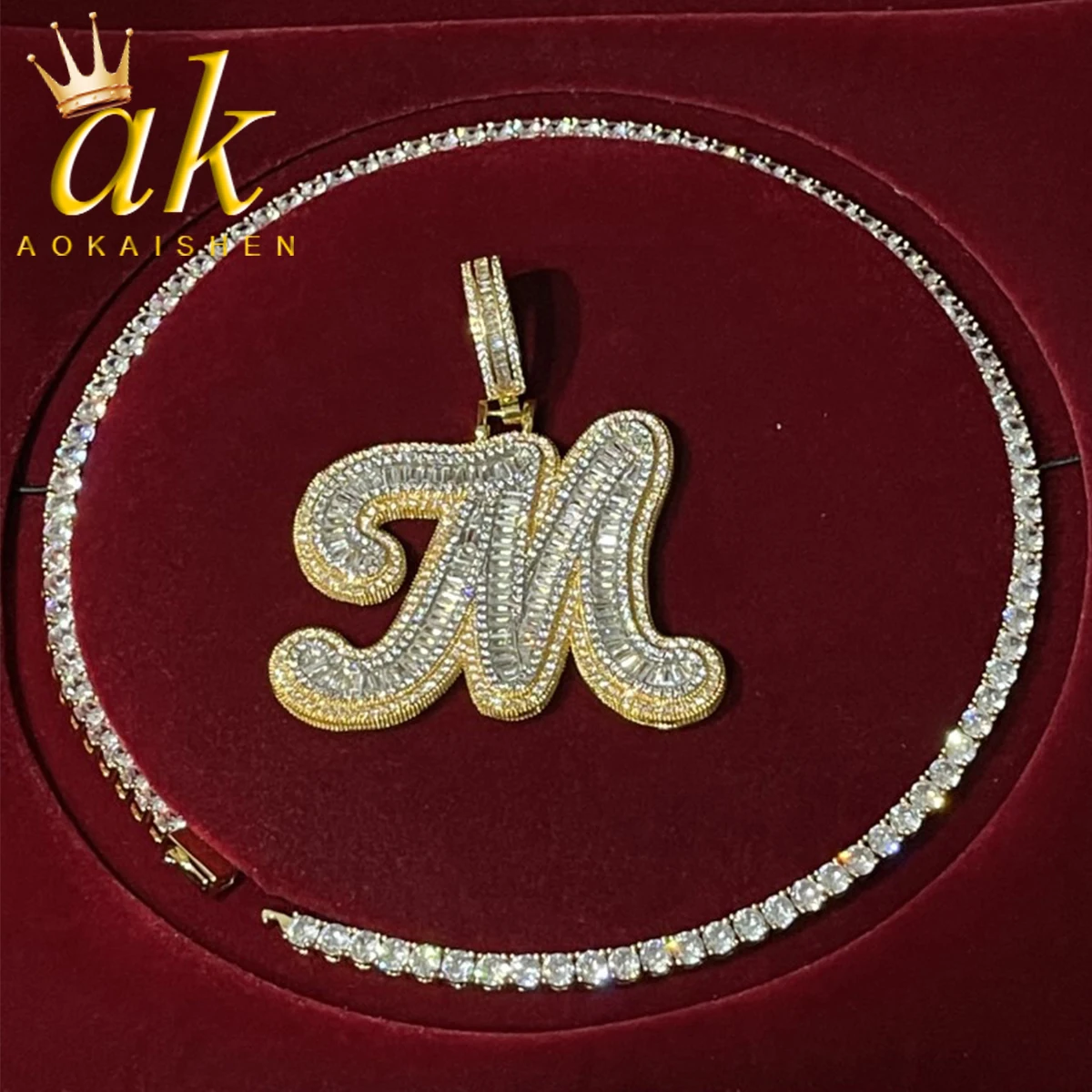 Aokaishen A~Z Initials Single Cursive Letter Pendant Baguette Necklace Chain Fashion For Men Gold Color Hip Hop Rock Jewelry