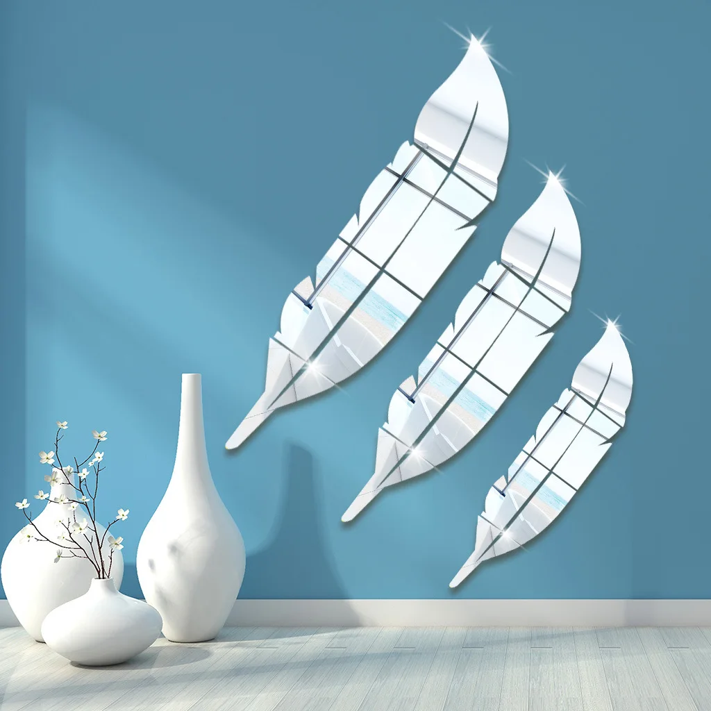

DIY перо 3D зеркальная Настенная Наклейка для гостиной искусство домашний декор виниловая наклейка акриловая наклейка настенное украшение о...