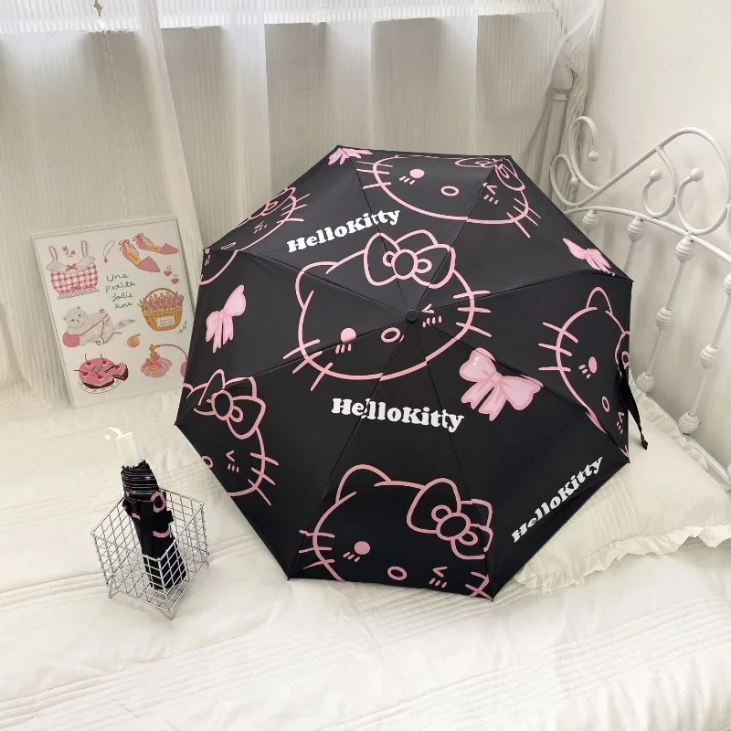 

Anime Kawaii Sanrio Hello Kitty Automatic Umbrella Girl Student Portable Manual Anti Ultraviolet Tri-fold Parasol Birthday Gifts