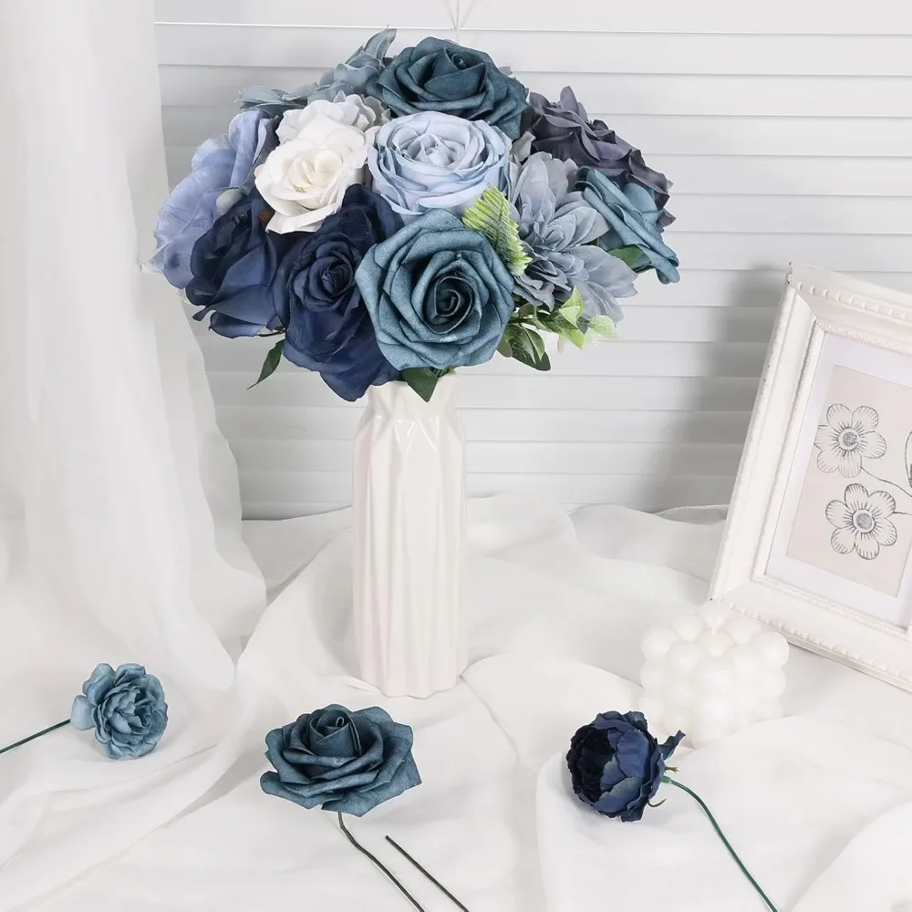 مجموعة صناديق كومبو من الزهور الاصطناعية باقة زهور زرقاء مغبرة لترتيبات قطع مركزية لحفلات الزفاف وحفلات الزفاف