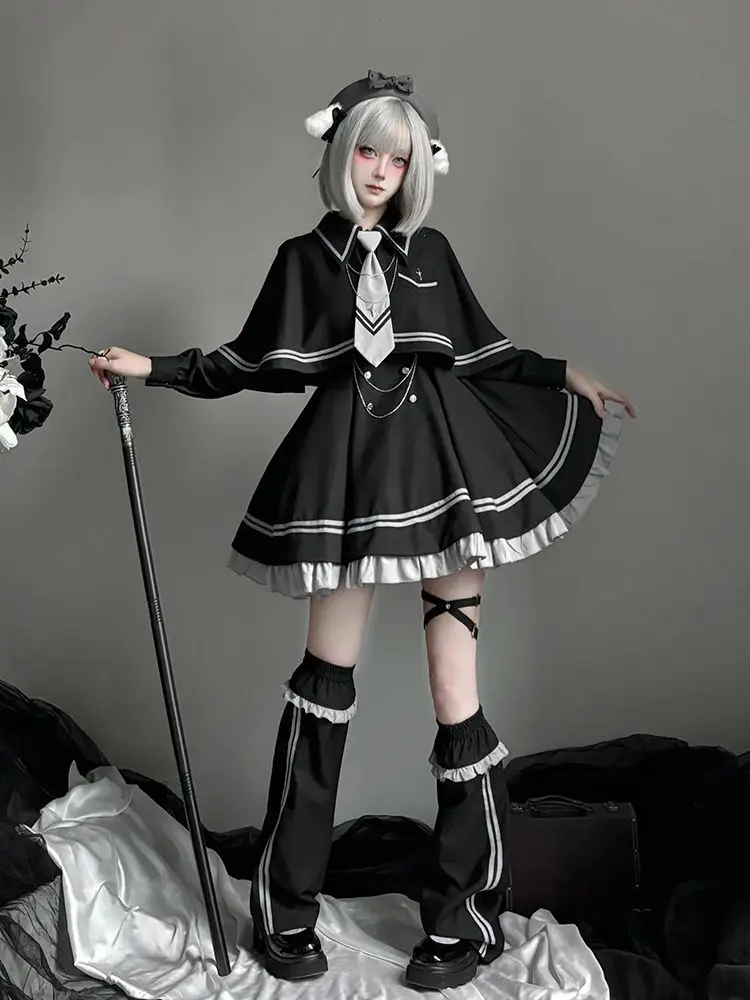 2000s Gothic Subculture Matching Sets Y2k Harajuku Vintage Slim Lolita Kawaii Suits Japanese Cosplay 2 Piece Skirt Autumn Sets