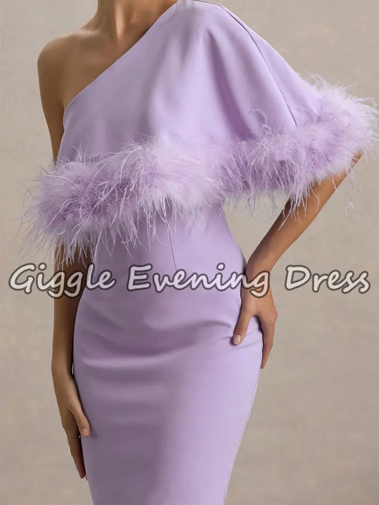 Giggle أرجواني منتصف العجل طول ريشة فساتين حفلات الكوكتيل نصف كم موضة المرأة مساء نادي العودة للوطن فساتين مخصصة