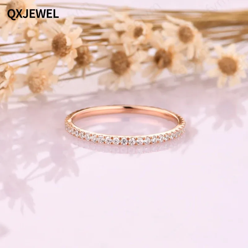 QXJEWEL Full Eternity Wedding Unique Pave Stacking Bands Moissanite Matching Rings 18K Solid Gold for Women