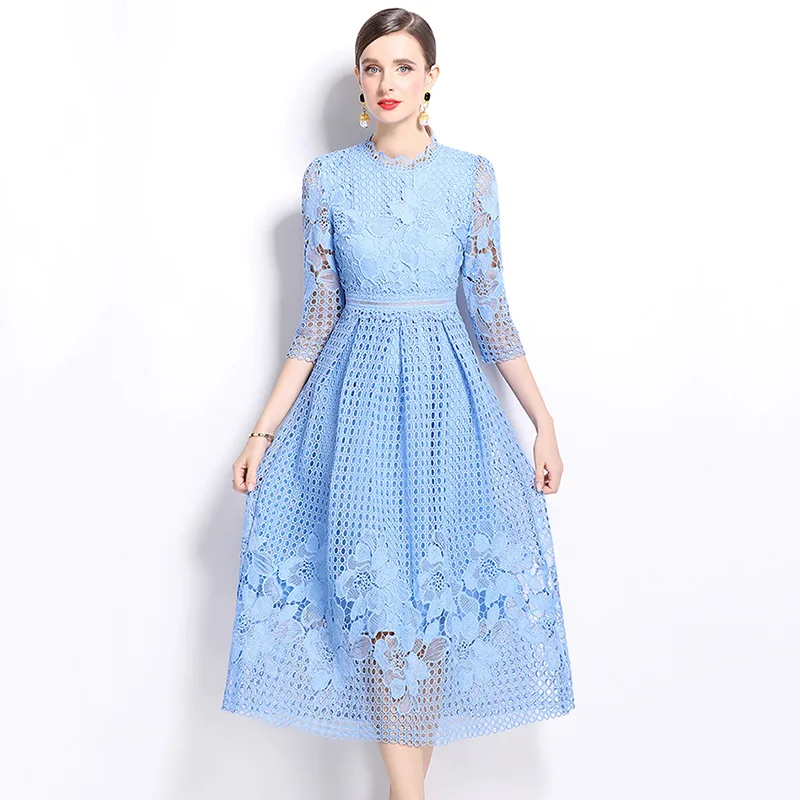 Autumn New Fashion Luxury Women Dress Elegant Slim O-Neck 2/3 Sleeved Hollow Out Lace Dress Vintage Party Dresses