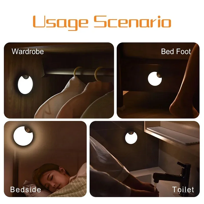 Luces LED para armario, Sensor de movimiento, luz nocturna inteligente de inducción humana, carga USB, iluminación automática para mesita de noche y armario