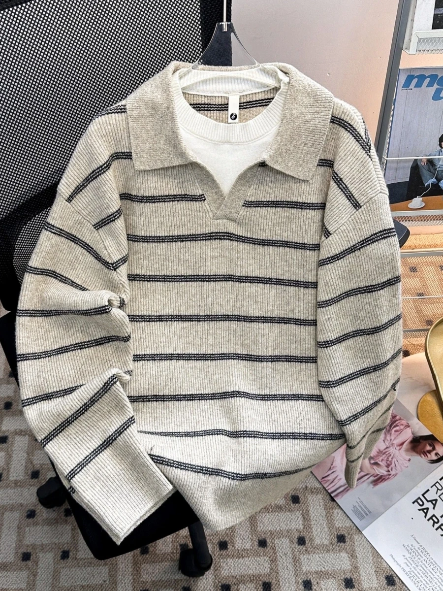 

Men's Autumn Winter V-Ne Collar Knitted Sweater Casual Striped Fake Two-Piece Sle Trendy Leisure Faion Nucleus