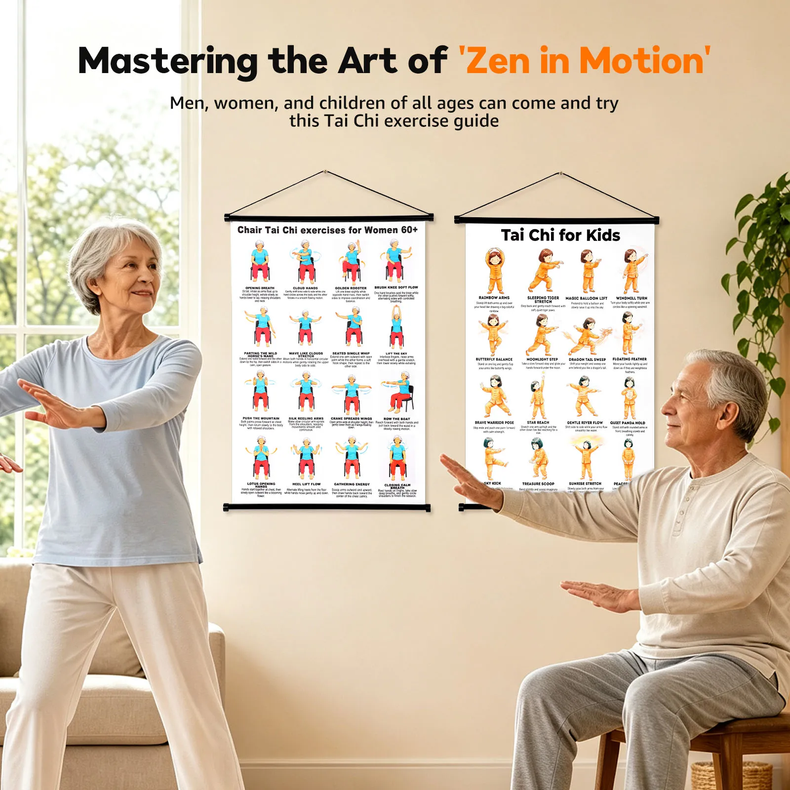 Tai Chi Exercise Poster 40x60cm Hanging Exercise Plan Poster Clear Illustrated Movement for Kids Seniors Home Fitness Guide
