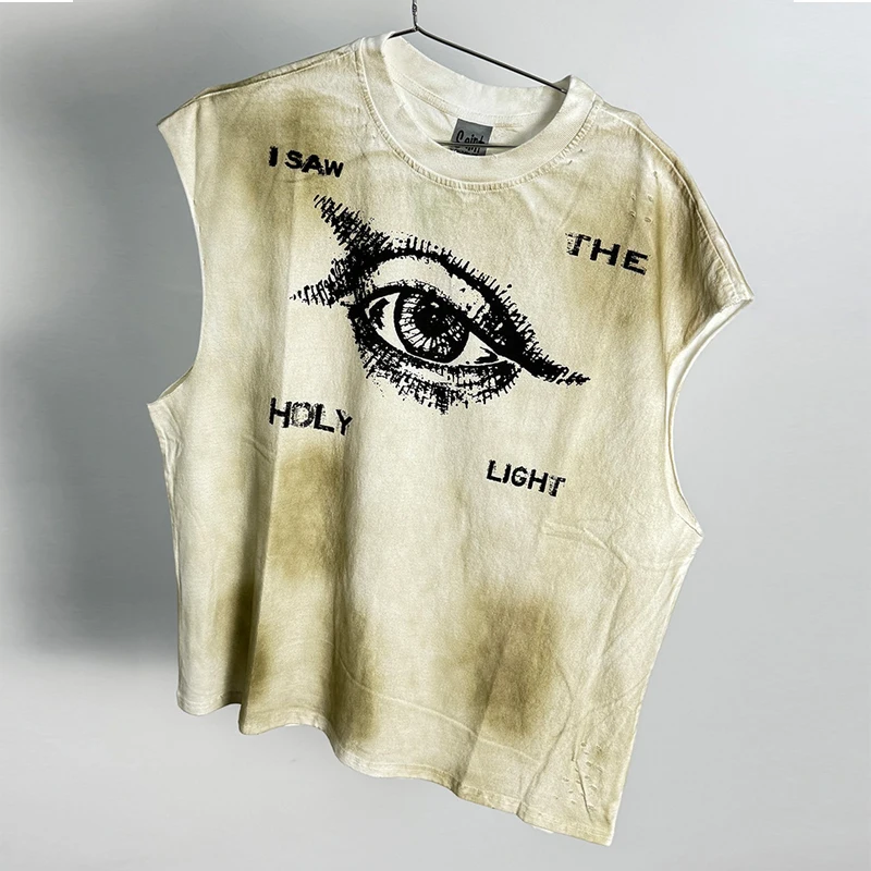 25SS Hip Hop Vintage Washed Apricot Made Dirty SAINT I Saw The Holy Light Sleeveless T-Shirt Men Women Top Quality T-Shirt Tee