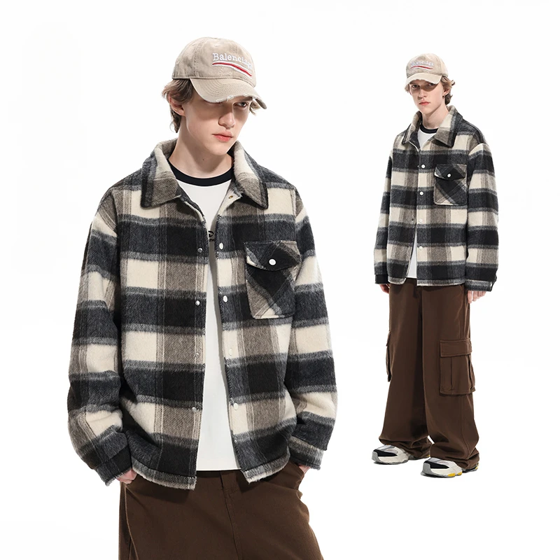 Men's Woolen Coat Autumn Fashion Stripe High Street Retro Casual Male Hooded Jacket Trend Comfort Versatile Shirt Streetwear New