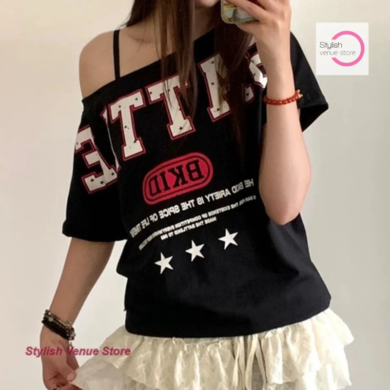 Summer dopamine bright yellow letter printed T-shirt female American fashion retro spice girl diagonal shoulder short sleeves