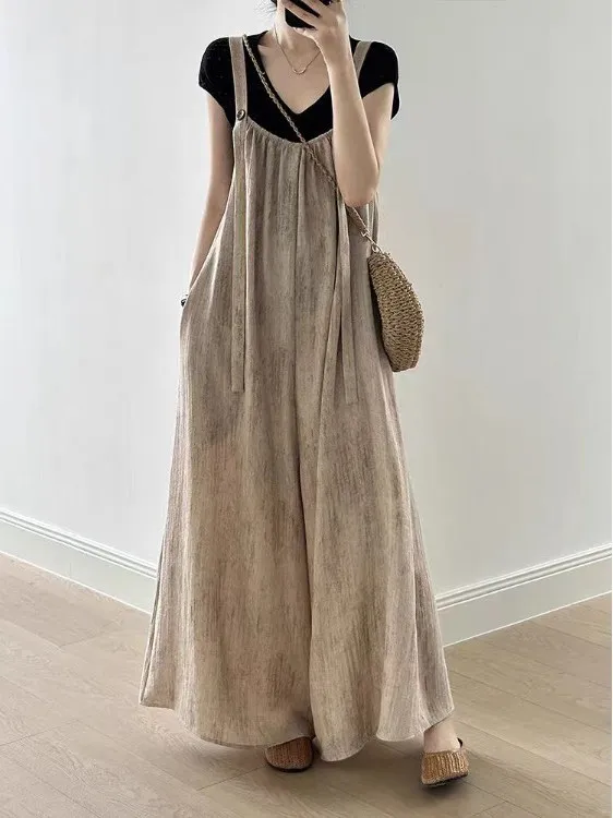 

Ladies Cotton Linen Lazy Overalls Summer Drape Loose Casual Wide Leg Pants High Waist Long Trousers Comfortable Fit