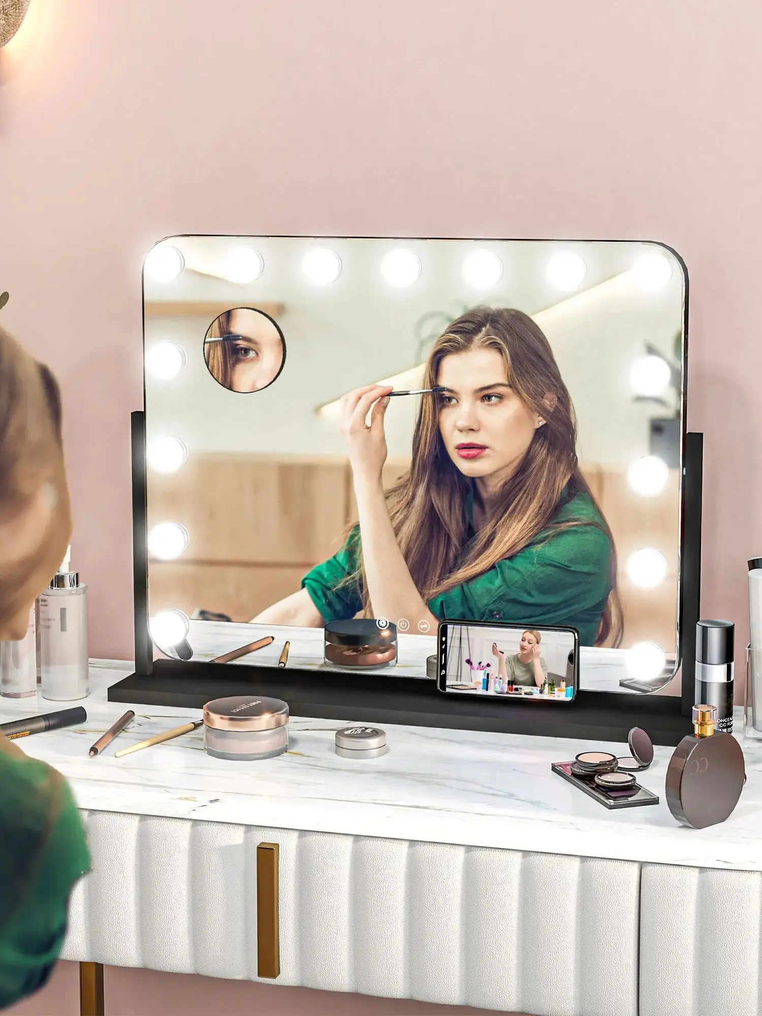 Miroir de maquillage Homcom Hollywood avec lumière 58X46 cm avec 14 ampoules noir