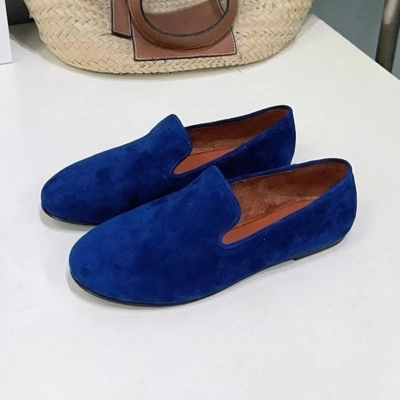 Single Shoes Spring Autumn Women Flat Walking Shoes Round Toe Cow Suede Shallow Mouth Solid Color Lazy Loafer Commuting Shoes