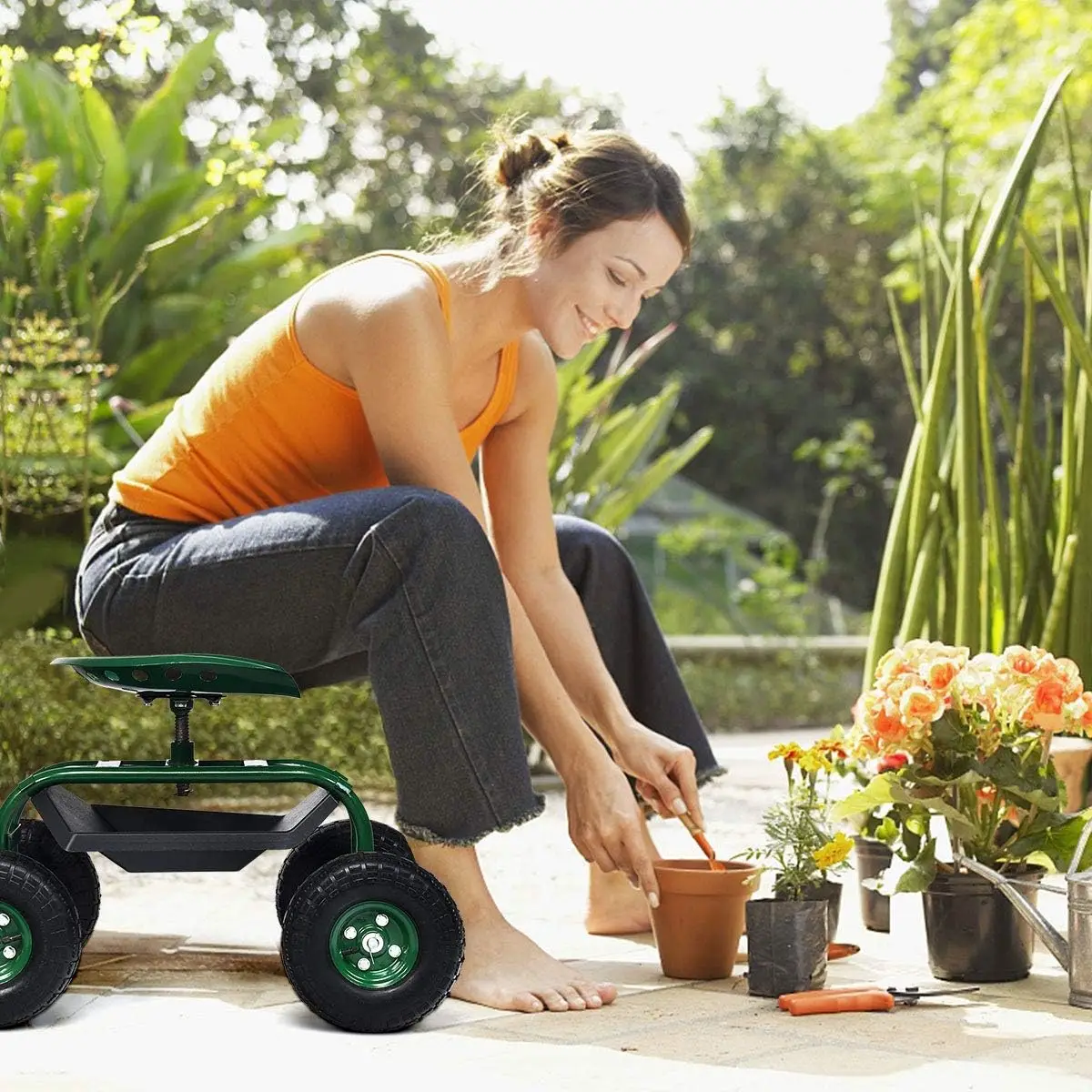 Garden Cart Gardening Workseat w/Wheels, Rolling Work Seat with Tool Tray & Basket, Length Adjustable Hook Handle, Wagon Scooter