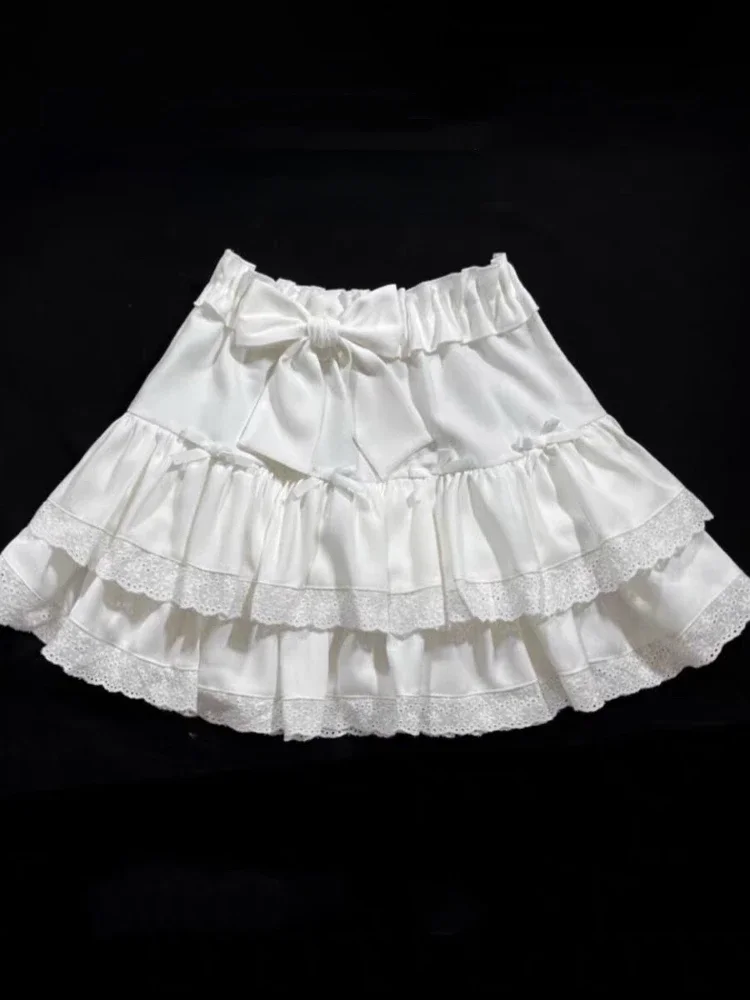 Jupes plissées Lolita japonaises Kawaii pour femmes, patchs en dentelle douce, jupe gâteau à volants, nœud mignon, été, 2024