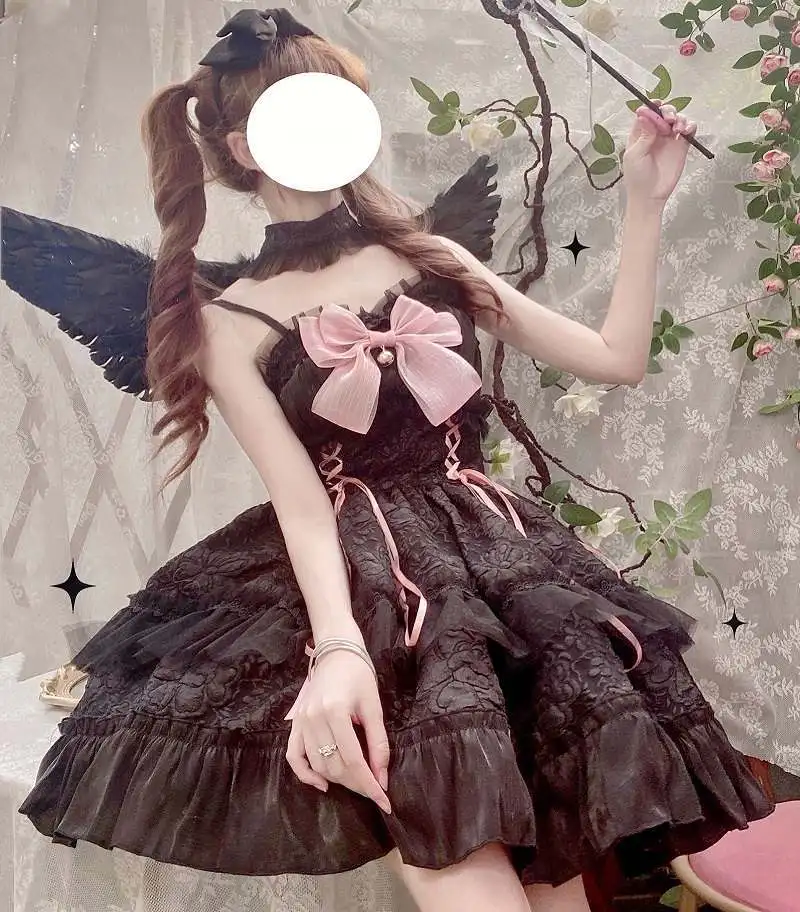 MAGOGO Gothic Lolita Jsk Jurk Vrouwen Harajuku Kawaii Boog Kant Bandage Prinses Slip Jurken Meisje Zoete Leuke Y2k Party Mini Jurk