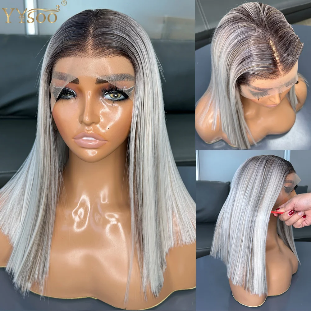 

YYsoo Short Bob Highlights Silky Straight 13x4 Futura Synthetic Lace Front Wigs For Black Women Pre Plucked Half Hand Tied Wig