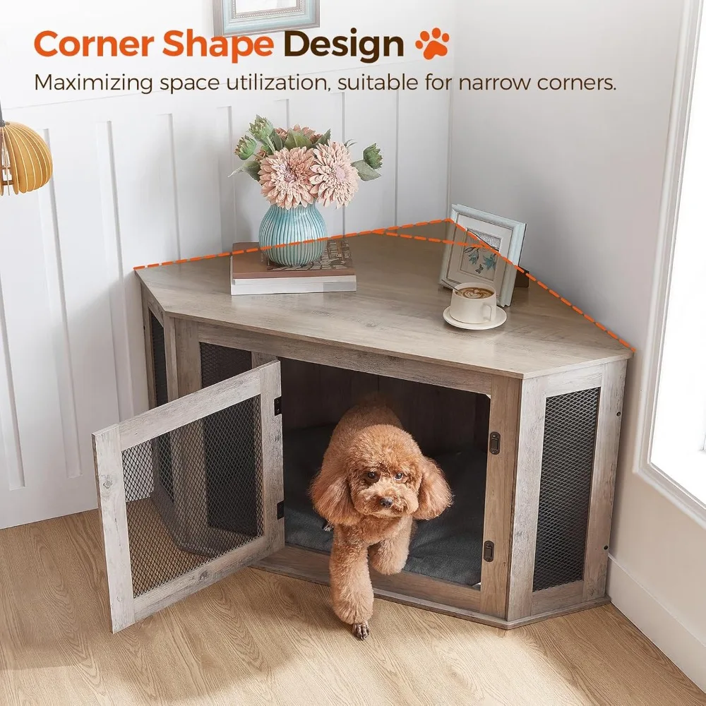 Corner dog cage, wooden kennel end table, interior decoration pet cage, small medium sized dog furniture style dog house