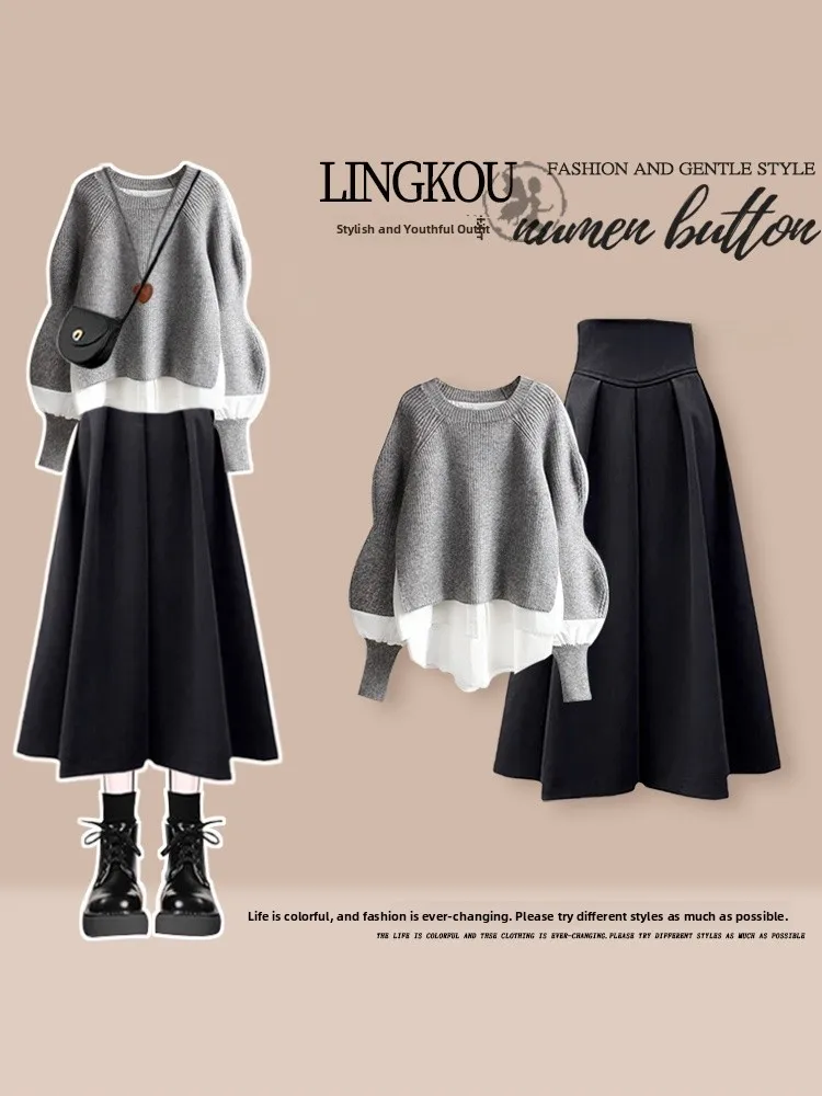 

Комплект из двух предметов: свитер с круглым вырезом и юбка с завышенной талией для женщин, свободный молодежный стиль, весна-осень, большие размеры