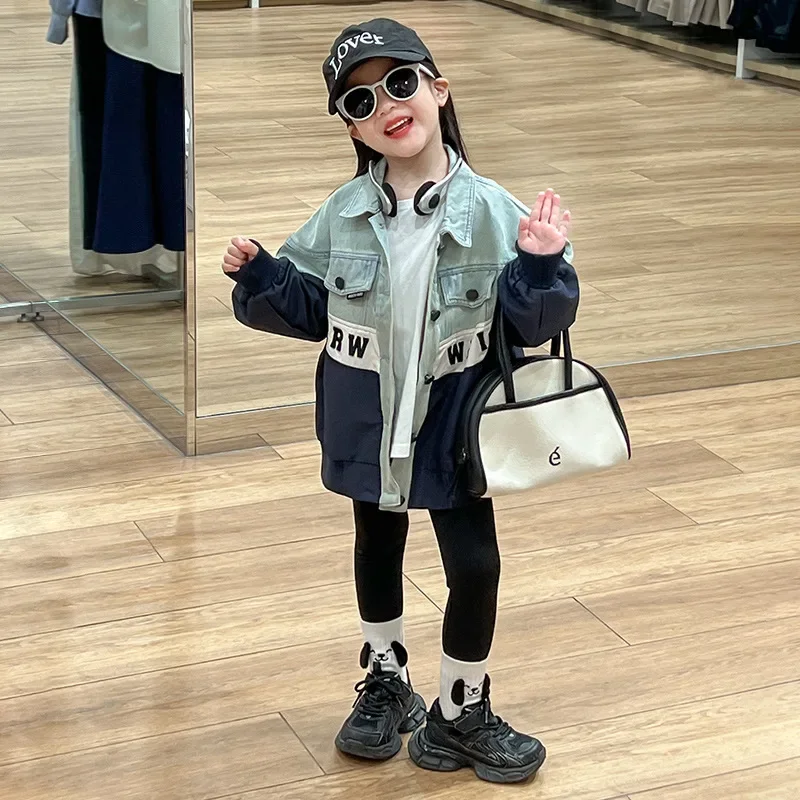 Korean version  foreign style jacket 2024 autumn denim patchwork coat with bottoms elastic leggings suit trend 90-150cm