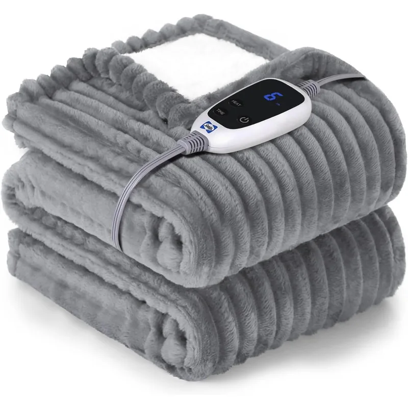 

Electric Blanket Heated Throw, Soft Cozy Ribbed Flannel to Sherpa Reversible Safe Heating with 6 Heat Settings & 2-10 Hours