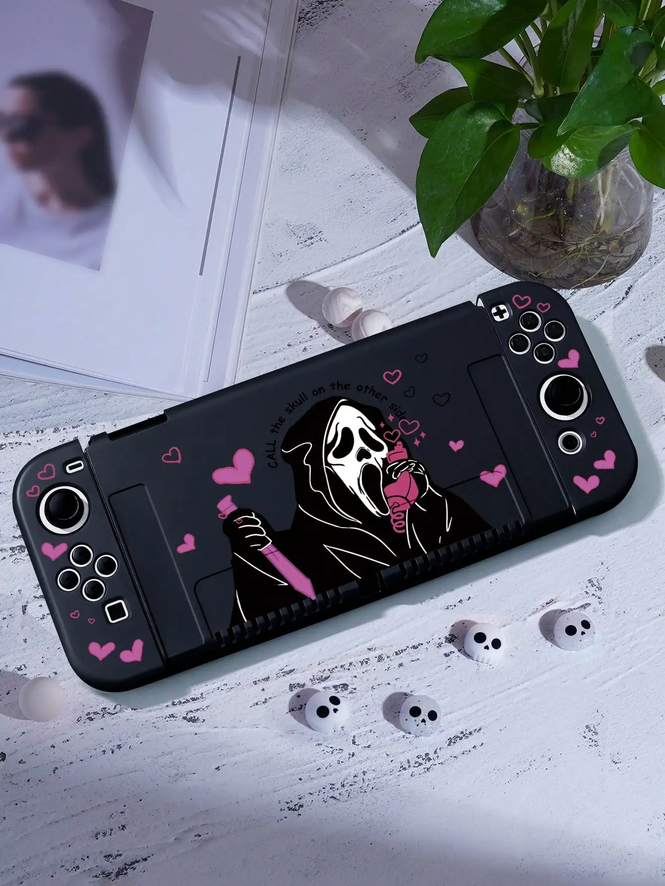 1 Pcs Black skull Protective Case Bundle with 4pcs Grip Caps For Nintendo Switch OLED