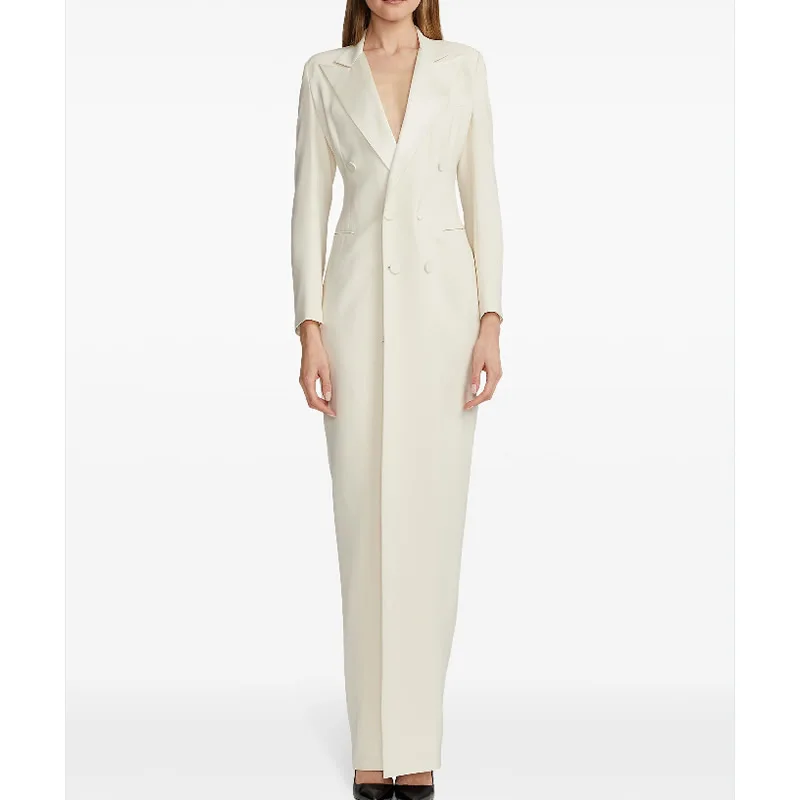 

Fashion Notched Split Long Sleeve Coat Women Solid Double Breasted Coat