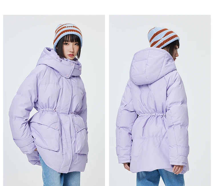 Metersbonwe Women's Oversized Long Hooded Down Jacket Adjustable Pig Nose Buckle Waist Belt Utility Duck Down Parka Warm Winter