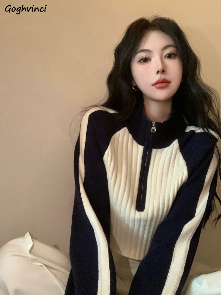 Cropped Pullovers Women American Style New Vintage Patchwork Trendy Zippers Elegant Female Sweaters Sexy All-match Tender Autumn