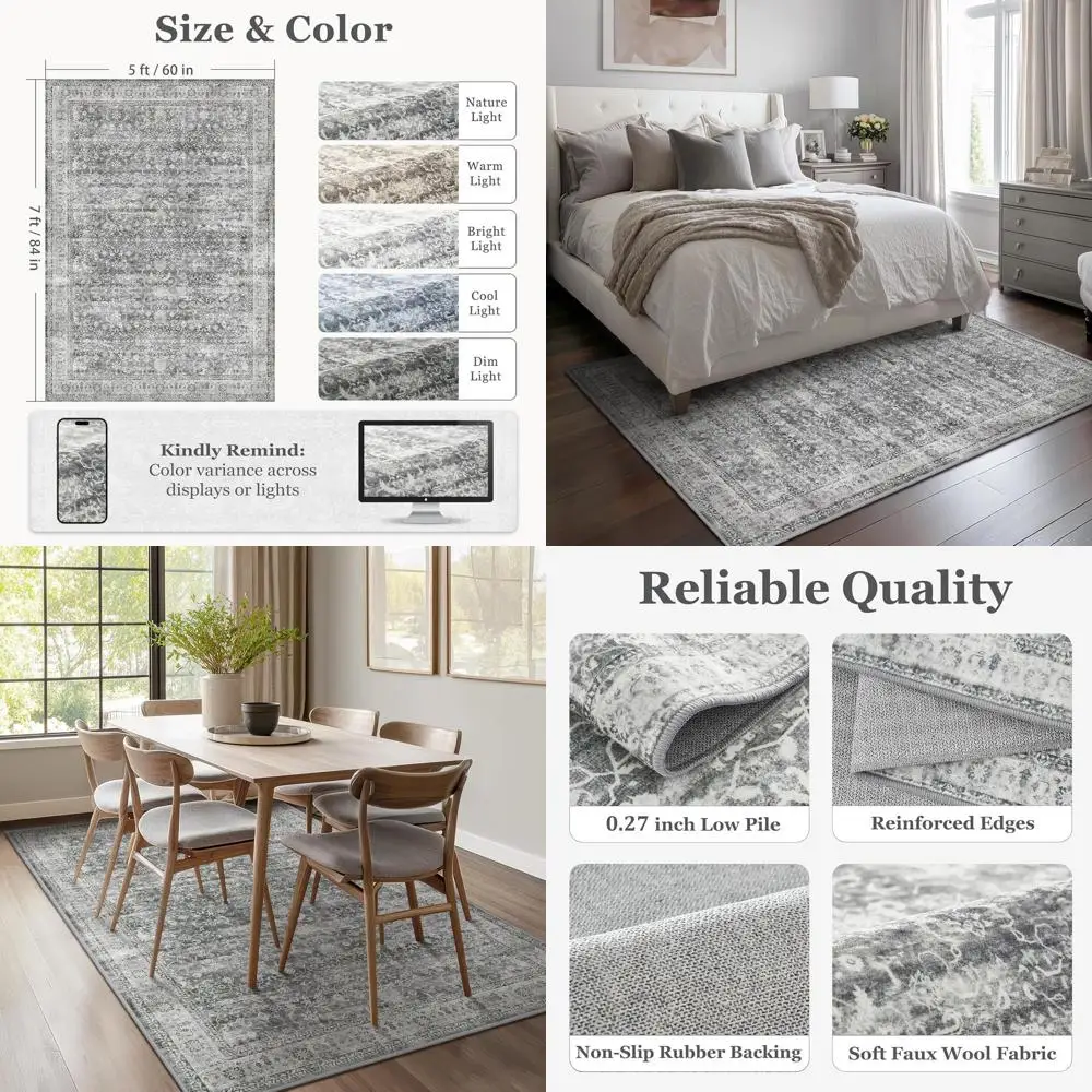 

Gray 5x7 Area Rugs for Living Spaces, Washable, Non-Slip, Low Pile Soft Carpets for Home, Neutral Vintage Gray Accents