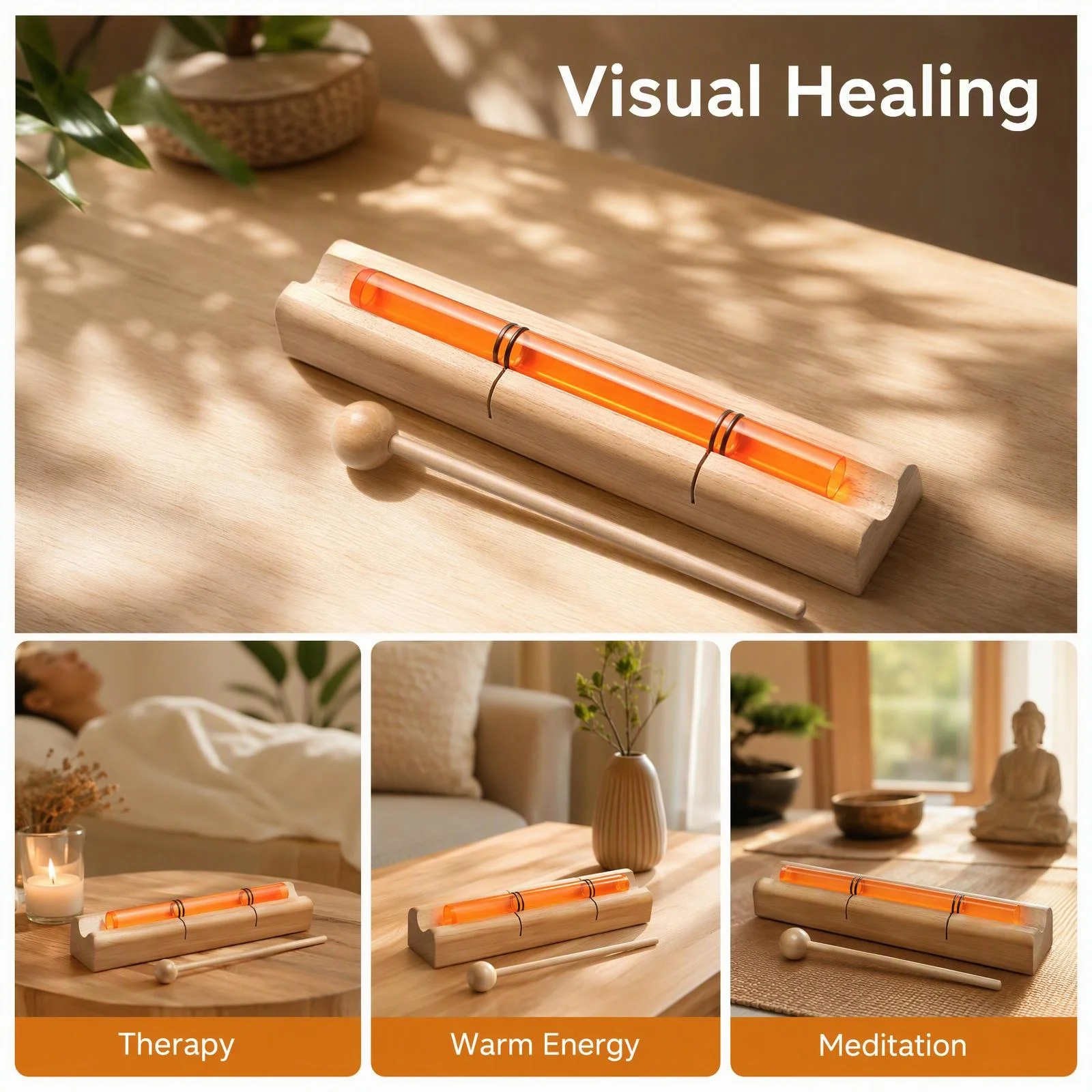 STAR LINKUP Orange Quartz Sonic Rod with Wooden Resonance Base Sound Healing Instrument for Yoga Meditation Sound Bath Therapy