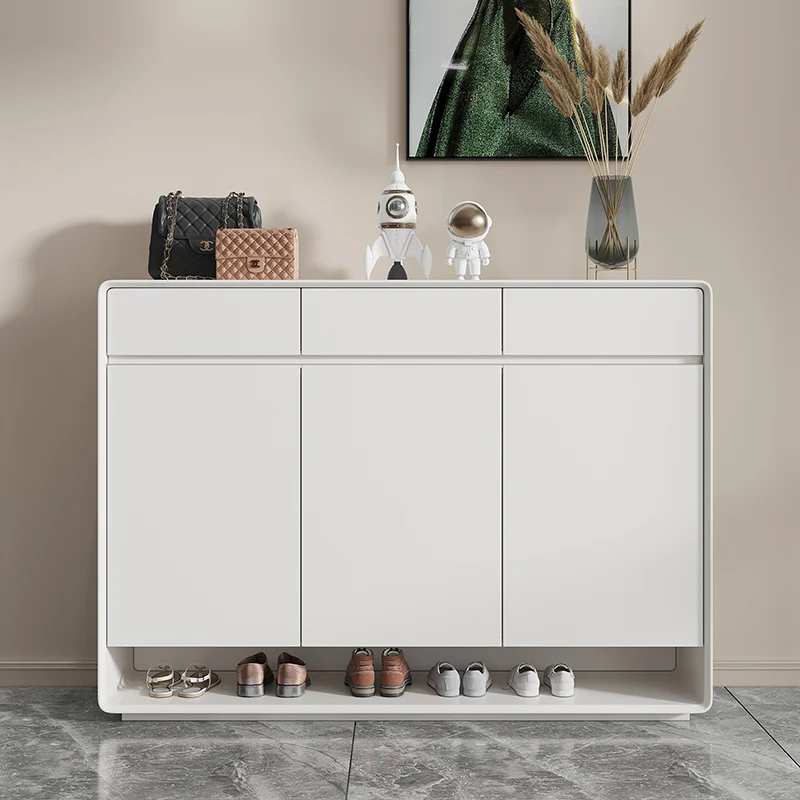 White shoe cabinet solid wood home door large capacity new 2023 storage cabinet modern simple cream white style shoe rack