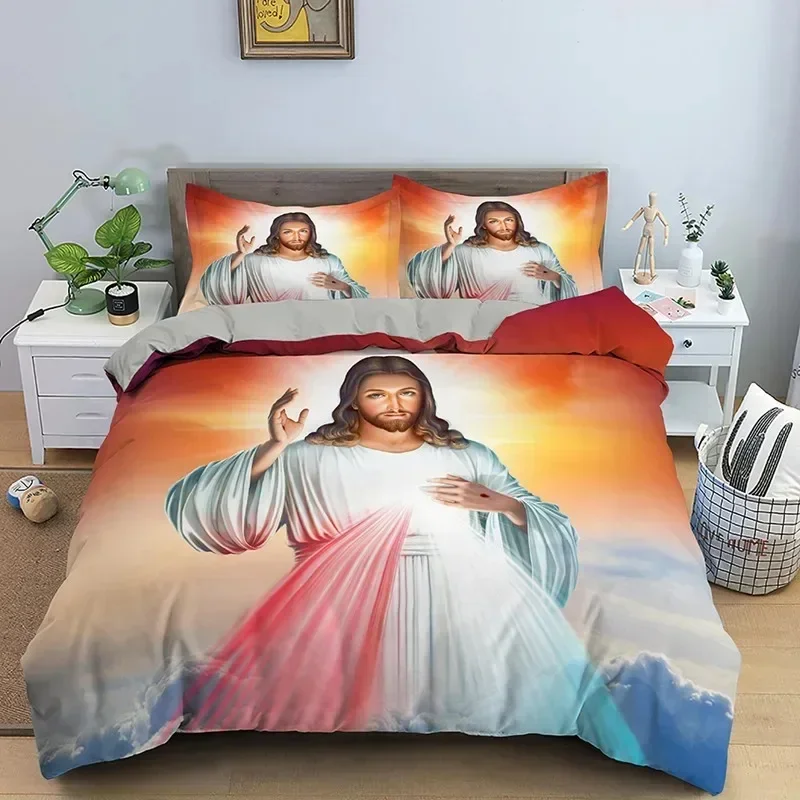 3D Jesus Duvet Cover Set Christian Sacred Jesus Polyester Bedding Set Cross Comforter Cover Suitable for Christian Jesus King